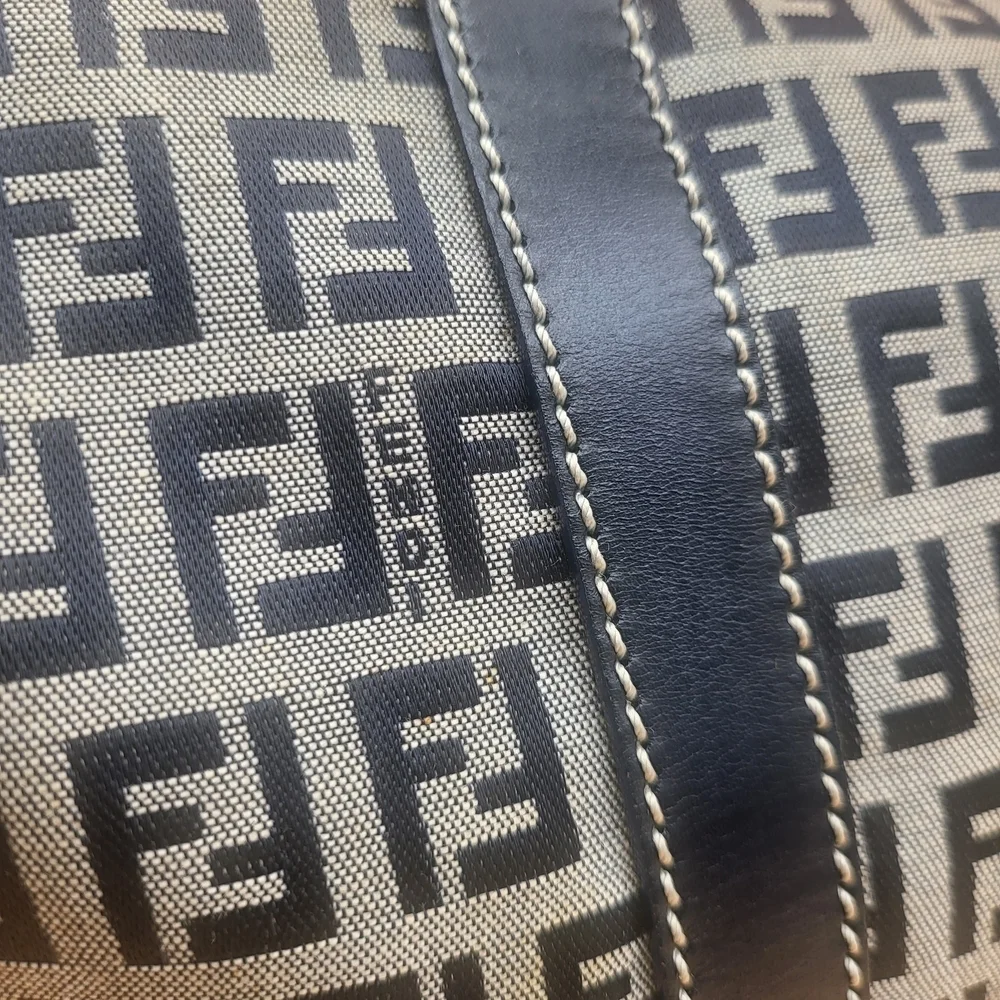 FENDI Zucchino FF Canvas Leather Boston 30 HandBag Navy..Authentic...W/COA.